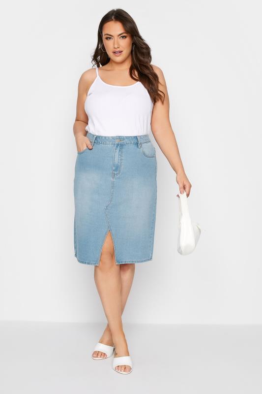 Plus Size Blue Denim Stretch Midi Skirt | Yours Clothing 2