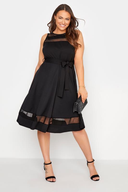 YOURS LONDON Plus Size Black Mesh Panel Skater Dress | Yours Clothing 1