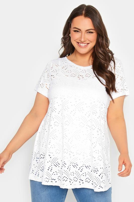 YOURS Curve Plus Size 2 PACK White & Pink Broderie Anglaise Swing V-Neck T-Shirt | Yours Clothing  6