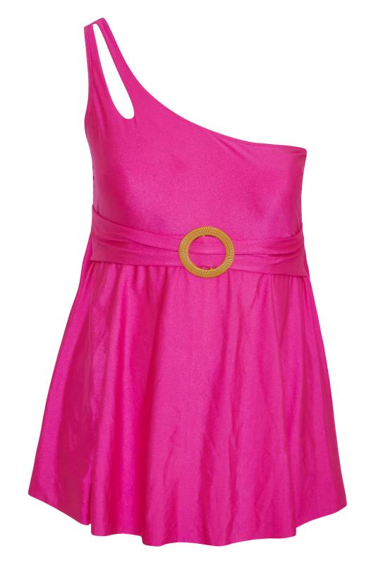 Plus Size Neon Pink Shimmer One Shoulder Belted Swim Dress | Yours Clothing 7