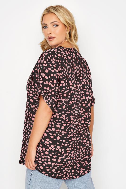 Plus Size Black & Pink Dalmatian Print Pleat Front V-Neck Top | Yours Clothing 4
