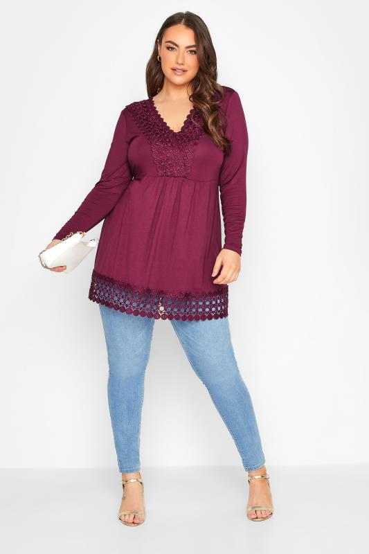 Plus Size Dark Pink Crochet Trim Long Sleeve Tunic Top | Yours Clothing 2