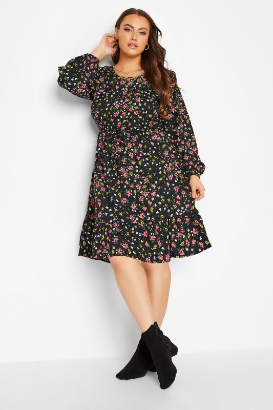 Plus Size Black Floral Long Sleeve Midi Dress | Yours Clothing 1