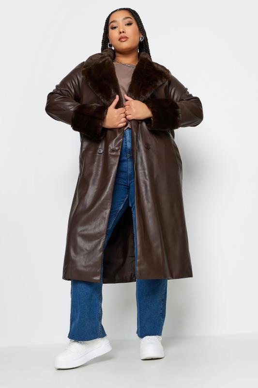 YOURS Plus Size Brown Faux Fur Trim Trench Coat | Yours Clothing 2