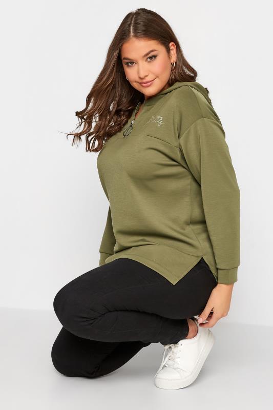 Plus Size Khaki Green 'Live Your Dreams' Zip Detail Hoodie | Yours Clothing 4