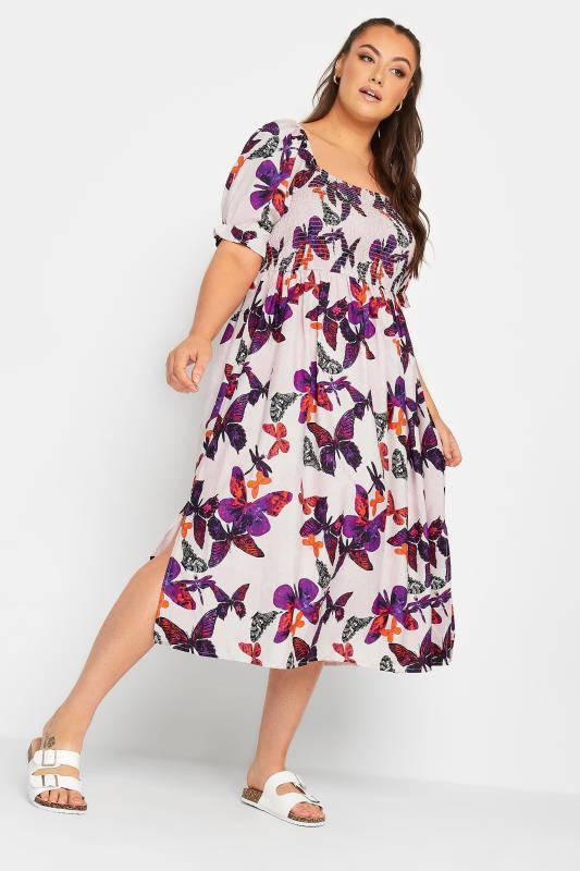 YOURS Plus Size White Butterfly Print Shirred Midaxi Dress | Yours Clothing