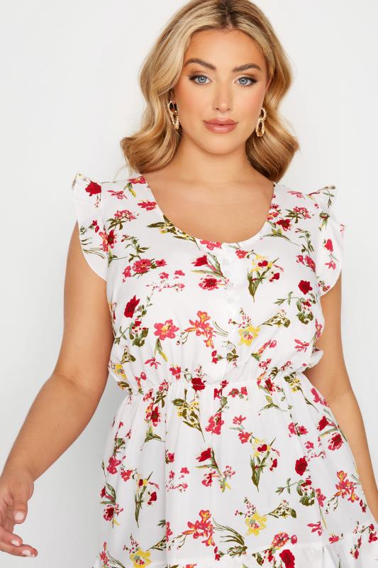 Curve White Floral Print Frill Sleeve Smock Top 3
