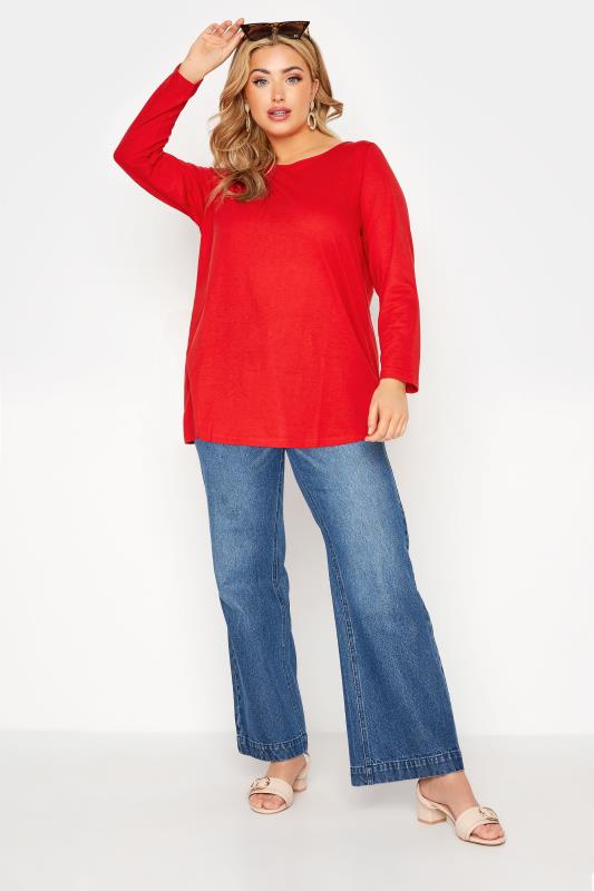 Curve Bright Red Long Sleeve Basic T-Shirt 2