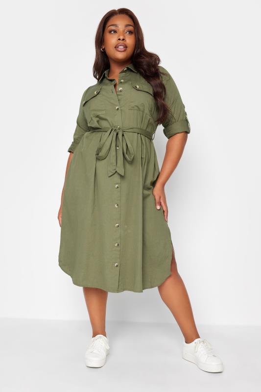 LIMITED COLLECTION Plus Size Khaki Green Utility Shirt Dress | Yours Clothing 1