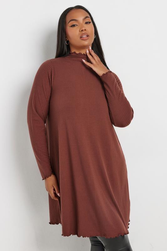 YOURS Plus Size Rust Orange Long Sleeve Lettuce Edge Tunic Dress | Yours Clothing 4