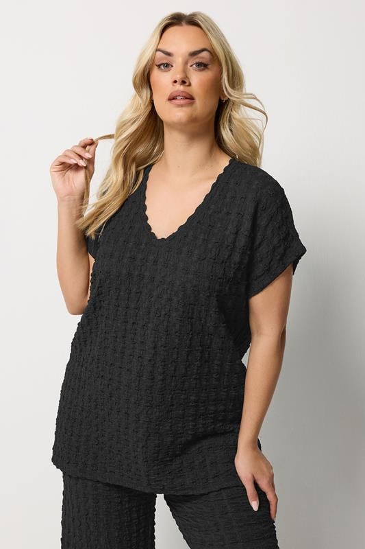 Yours Plus Size Black Set Bubble Textured Top & Trousers | Yours Clothing 1