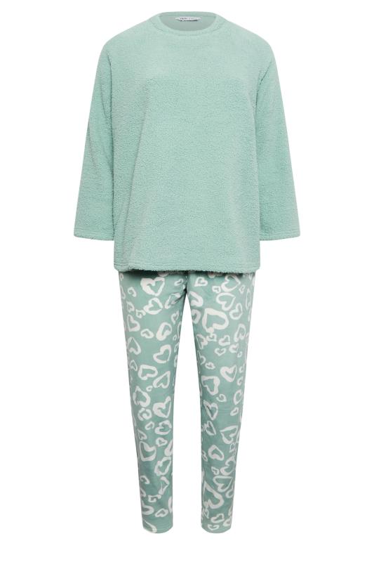 YOURS Plus Size Sage Green Love Heart Teddy Fleece Lounge Set | Yours Clothing 5