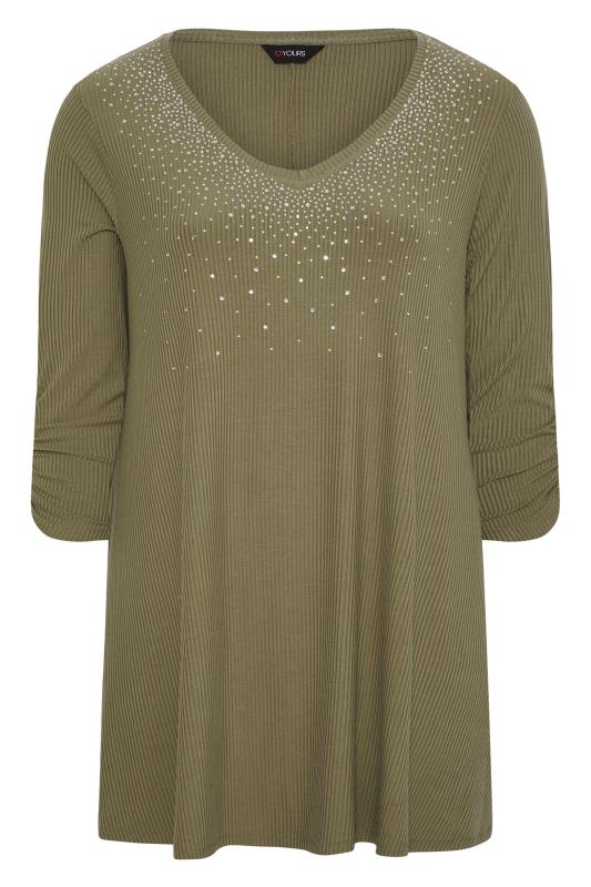 Plus Size Khaki Green Stud Embellished Top | Yours Clothing  6