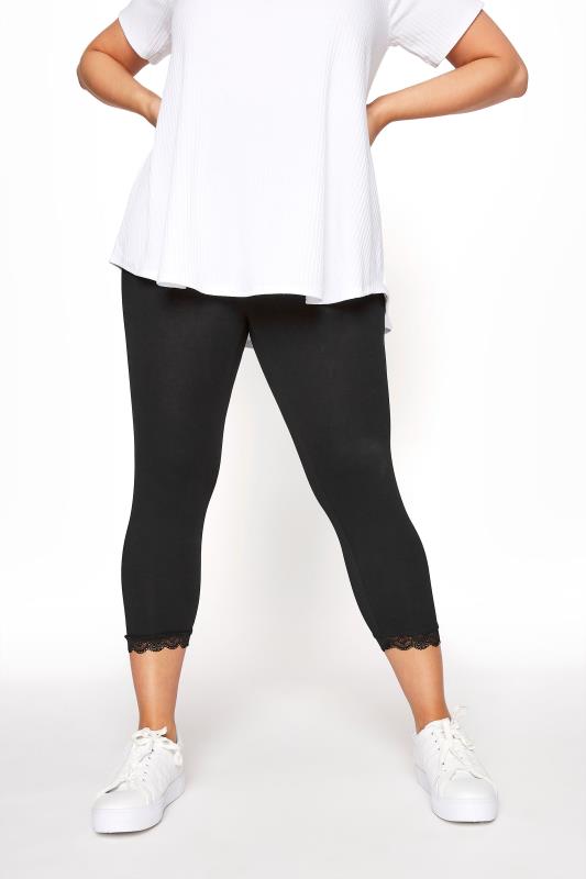YOURS FOR GOOD Curve Black Cotton Essential Crop Legging With Lace Trim 2