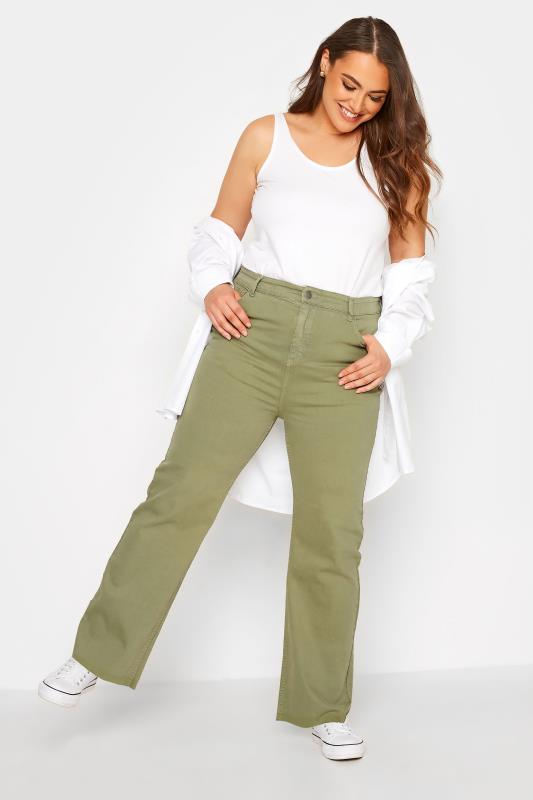 Plus Size Khaki Green Stretch Wide Leg Jeans | Yours Clothing 2