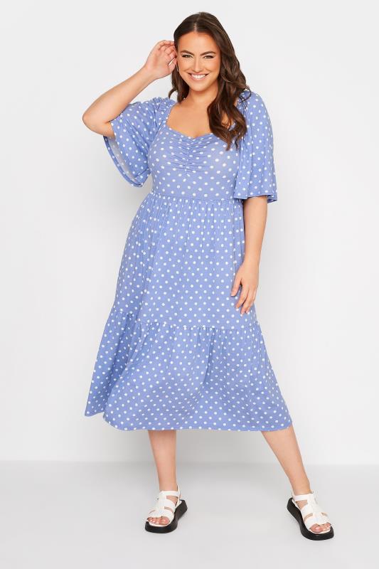 Plus Size Blue Polka Dot Print Square Neck Midaxi Dress | Yours Clothing 1
