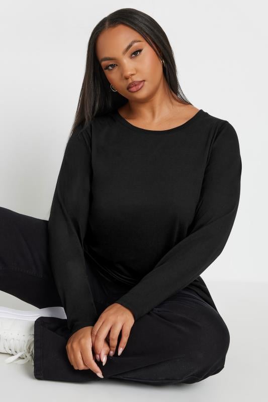 Plus Size Black Cotton Long Sleeve T-Shirt | Yours Clothing 1