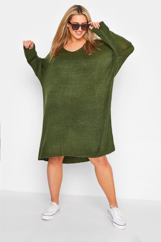  dla puszystych Curve Khaki Green Drop Sleeve Knitted Jumper Dress