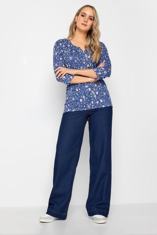 LTS Tall Womens Navy Blue Floral Print Cotton Henley Top | Long Tall Sally 2