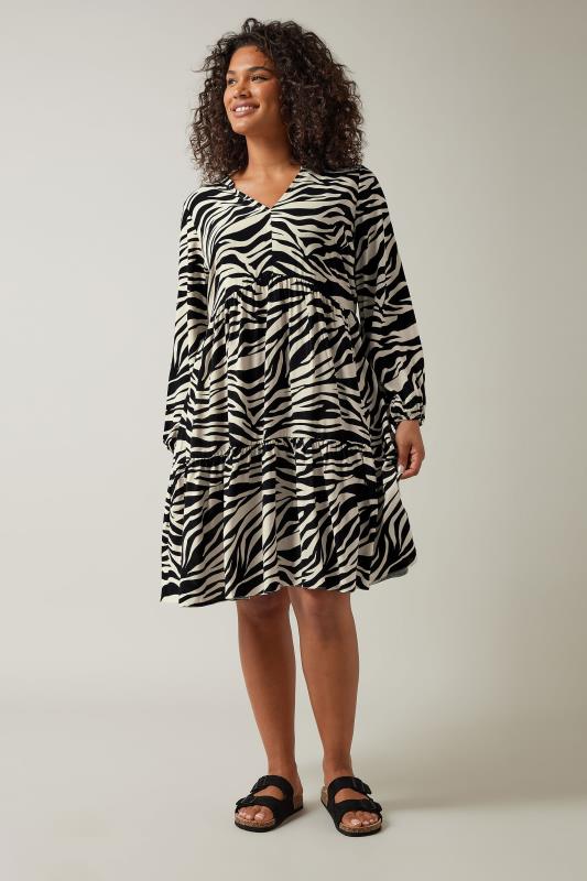 EVANS Plus Size Black & White Tiered Zebra Print Midi Dress | Evans 3