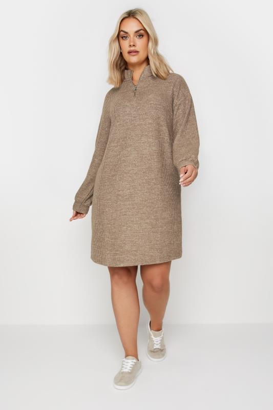 YOURS Plus Size Brown Soft Touch Zip Neck Jumper Dress | Yours Clothing 1