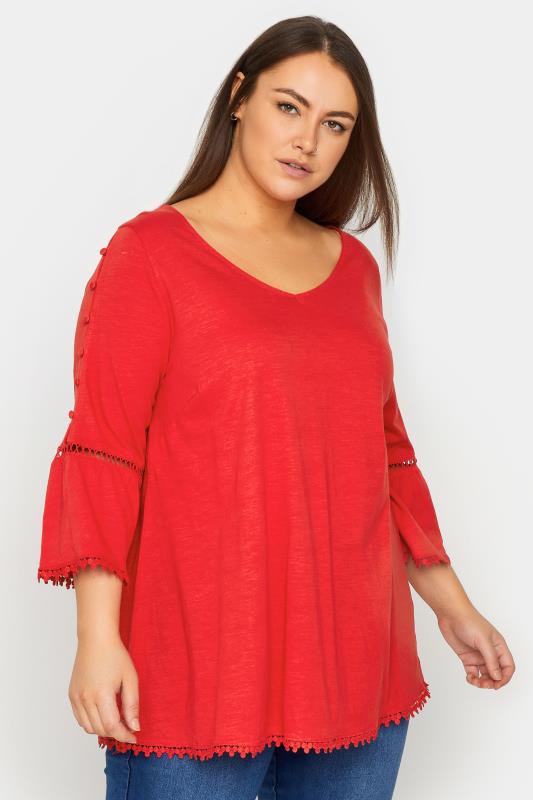 Plus Size  Evans Red Crochet Hem Tunic Top