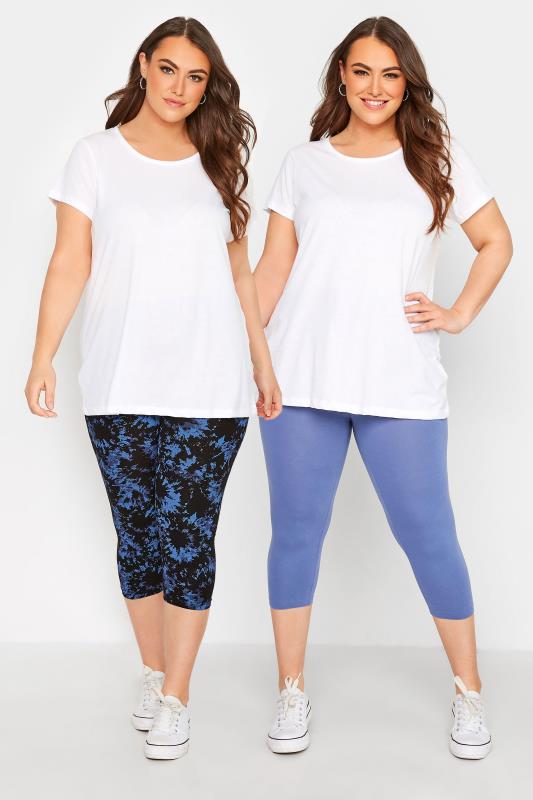 YOURS FOR GOOD 2 PACK Plus Size Blue Tie Dye Cropped Leggings | Yours Clothing 1