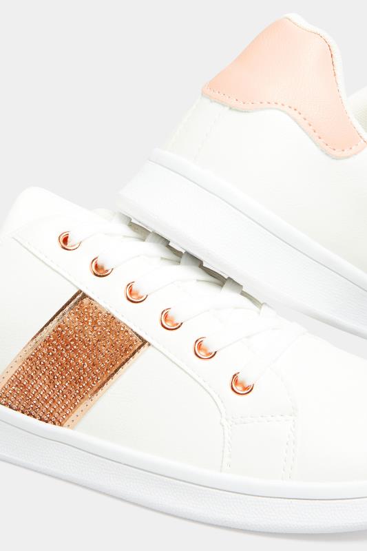 Plus Size White & Rose Gold Diamante Stripe Trainers In Wide E Fit | Yours Clothing 5