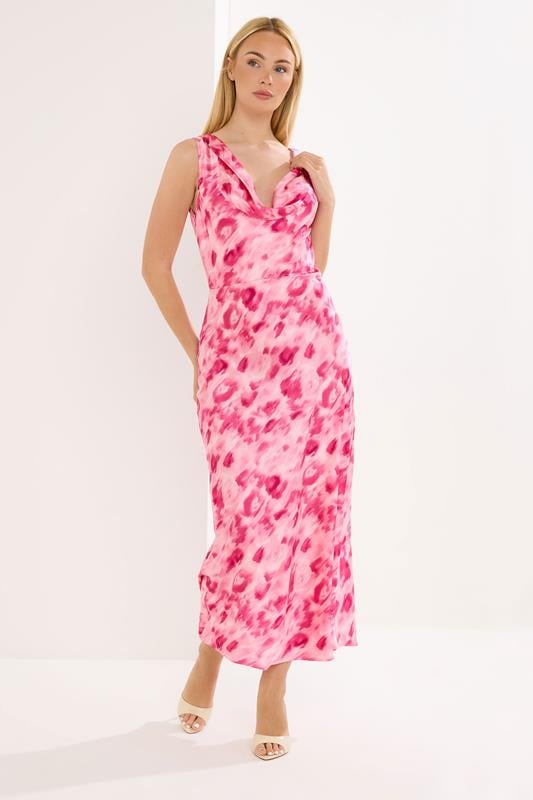  STAR vestido rosa abstracto con cuello drapeado