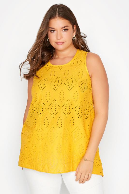 Plus Size  Curve Mustard Yellow Broderie Anglaise Dipped Hem Vest Top