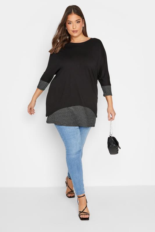 YOURS Plus Size Black Layered Stripe Print Top | Yours Clothing 2