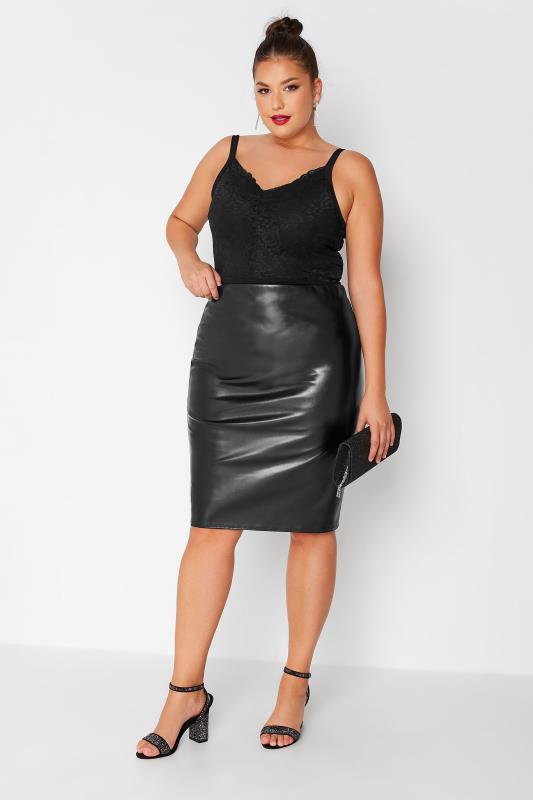  Grande Taille YOURS LONDON Curve Black Faux Leather Stretch Pencil Skirt