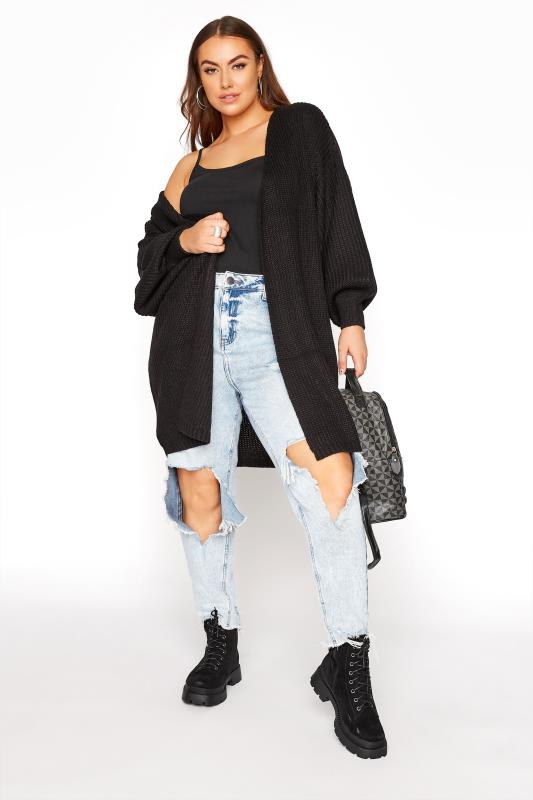 Plus Size Curve Black Balloon Sleeve Knitted Cardigan | Yours Clothing 2