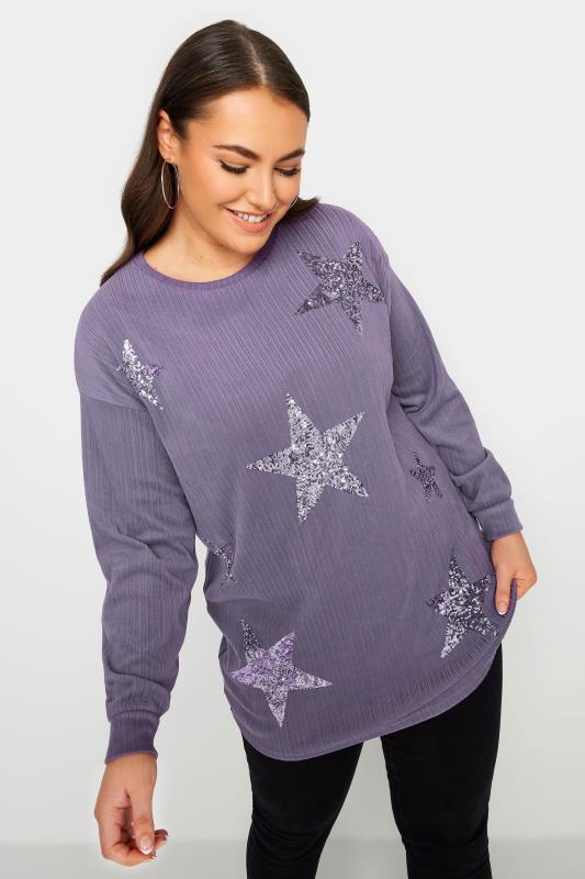 Plus Size  YOURS LUXURY Curve Purple Star Sequin Sweatshirt