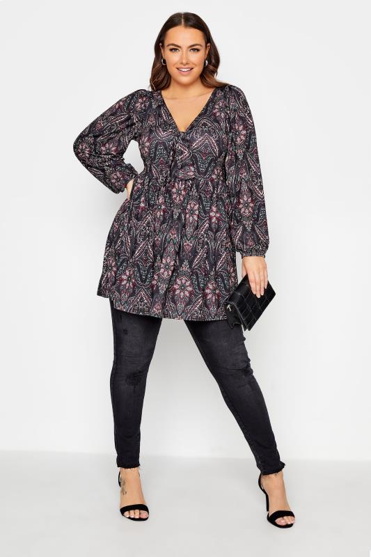 YOURS LONDON Curve Black Paisley Print Bow Front Tunic 2
