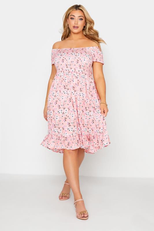 Plus Size  Pink Floral Shirred Bardot Dress