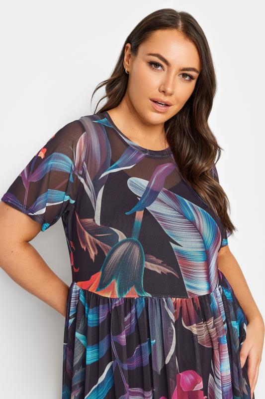 YOURS Plus Size Black Tropical Print Mesh Smock Dress | Yours Clothing 4