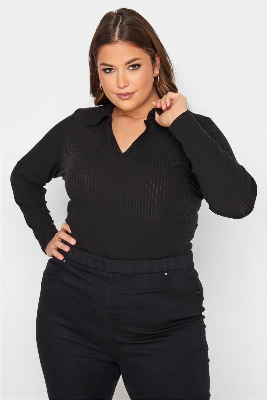 Plus Size  LIMITED COLLECTION Curve Black Ribbed Rugby Collar Bodysuit