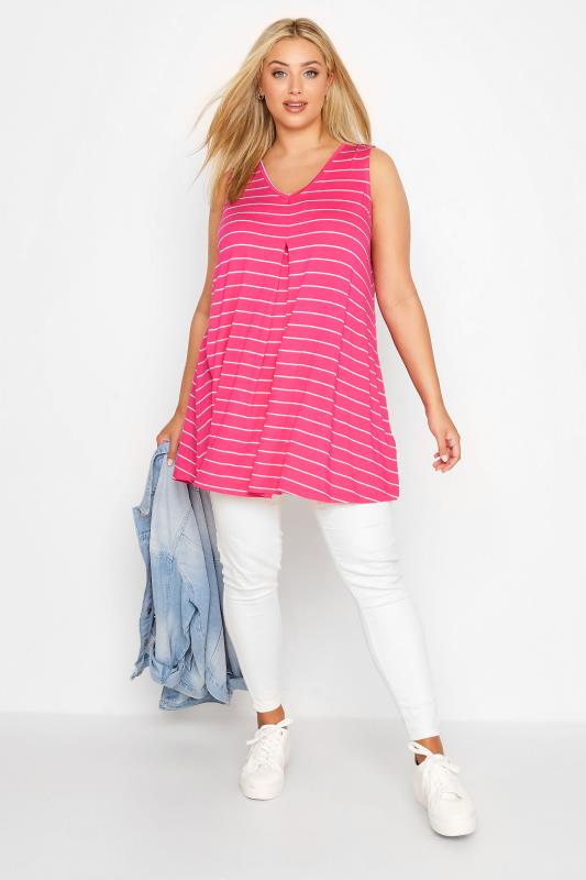 Plus Size Hot Pink Stripe Pleat Vest Top | Yours Clothing 2