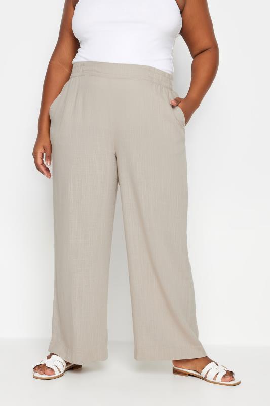 YOURS Plus Size Stone Brown Pull On Wide Leg Linen Trousers | Yours Clothing 1