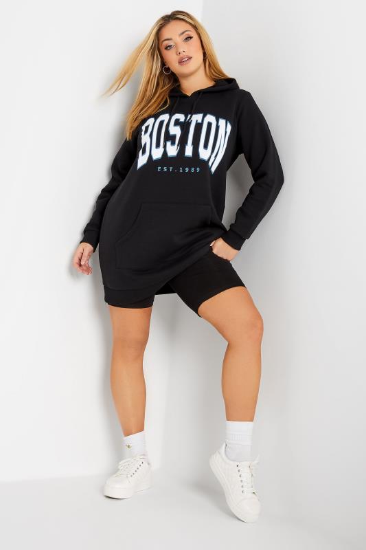 Plus Size Black 'Boston' Slogan Hoodie Dress 1