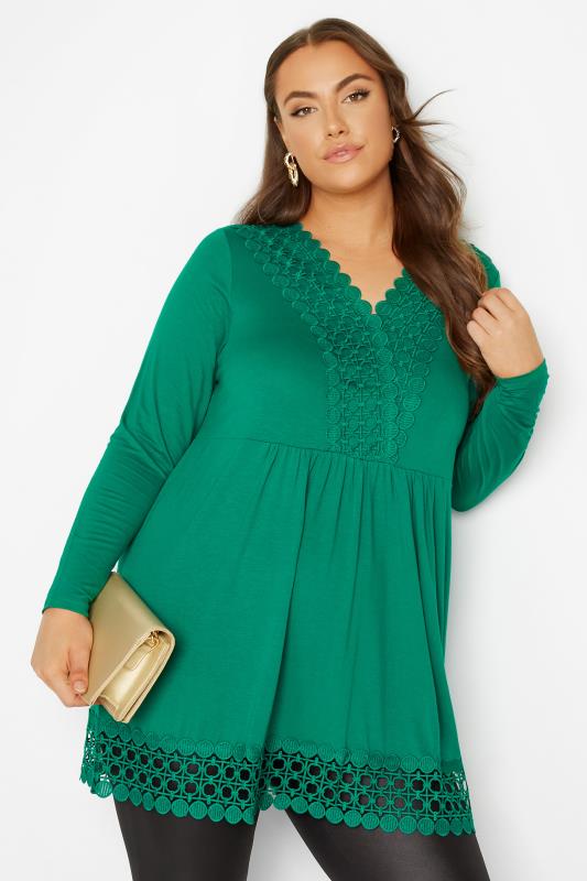 Plus Size  Curve Green Crochet Trim Long Sleeve Tunic Top