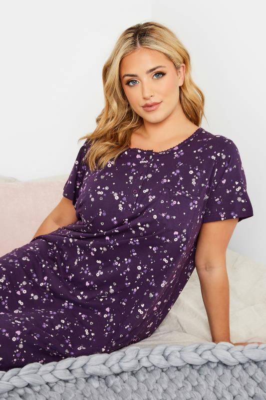 Plus Size Purple Ditsy Print Placket Midaxi Nightdress | Yours Clothing  4