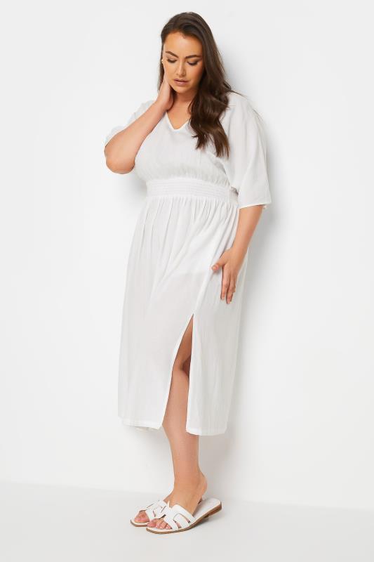 YOURS Plus Size White Linen Shirred Midaxi Dress | Yours Clothing 2