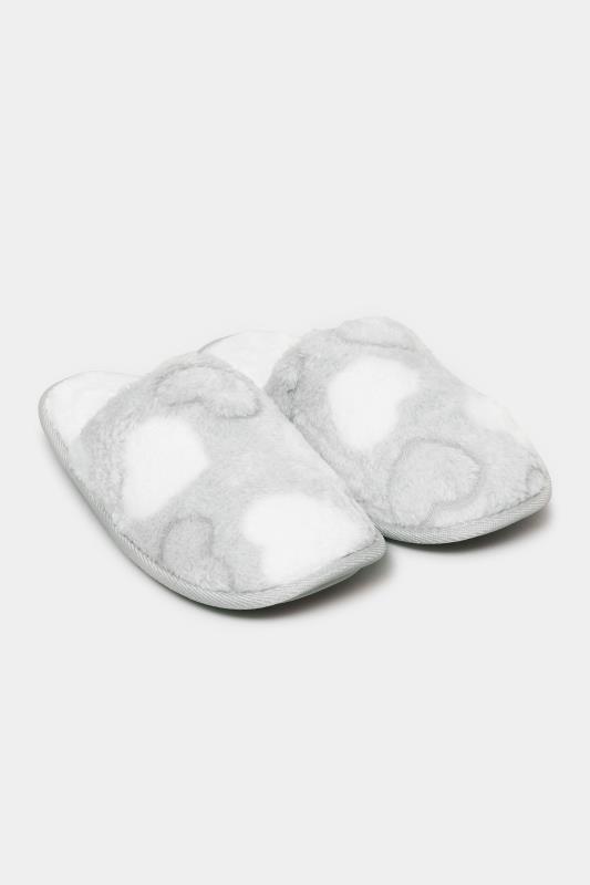 White & Grey Heart Print Mule Slippers In Extra Wide EEE Fit  2