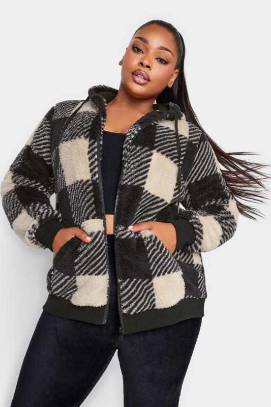 YOURS Plus Size Black Check Zip Through Fleece Hoodie | Yours Clothing 1
