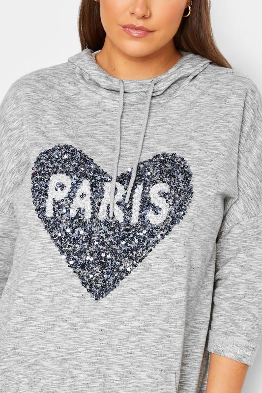 YOURS LUXURY Plus Size Curve Grey & Blue 'Paris' Glitter Heart Hoodie | Yours Clothing  6