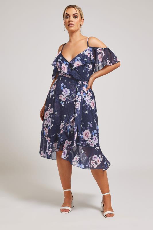 YOURS LONDON Plus Size Navy Blue Floral Print Ruffle Hem Dress | Yours Clothing 1