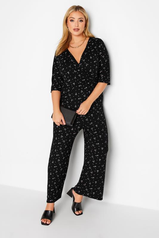 LIMITED COLLECTION Plus Size Black Ditsy Print Wrap Culotte Jumpsuit | Yours Clothing 1