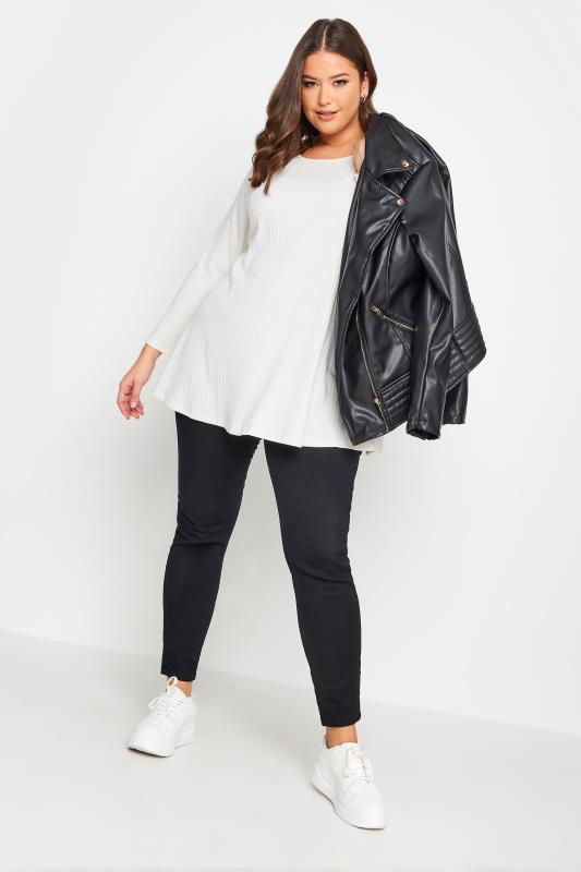 YOURS Plus Size White Long Sleeve Ribbed Swing Top | Yours Clothing 2